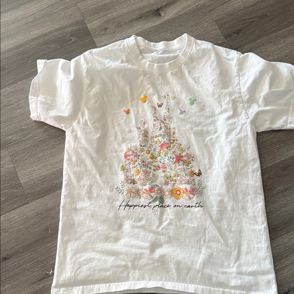 Disney White Tee with Floral Castle Design